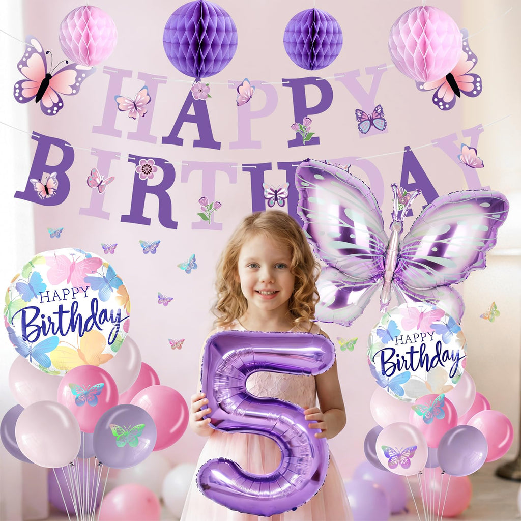 Melody Fantasy Purple Butterfly Birthday Decorations for 5th Birthday Girls - Balloons, Honeycomb Balls & 3D Butterflies
