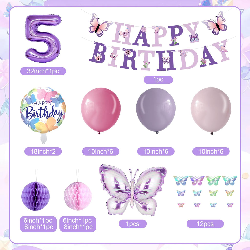 Melody Fantasy Purple Butterfly Birthday Decorations for 5th Birthday Girls - Balloons, Honeycomb Balls & 3D Butterflies