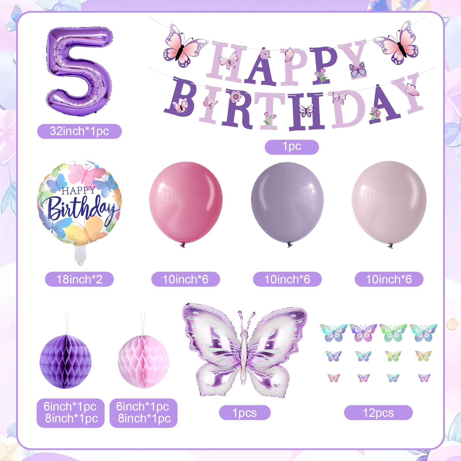 Melody Fantasy Purple Butterfly Birthday Decorations for 5th Birthday Girls - Balloons, Honeycomb Balls & 3D Butterflies