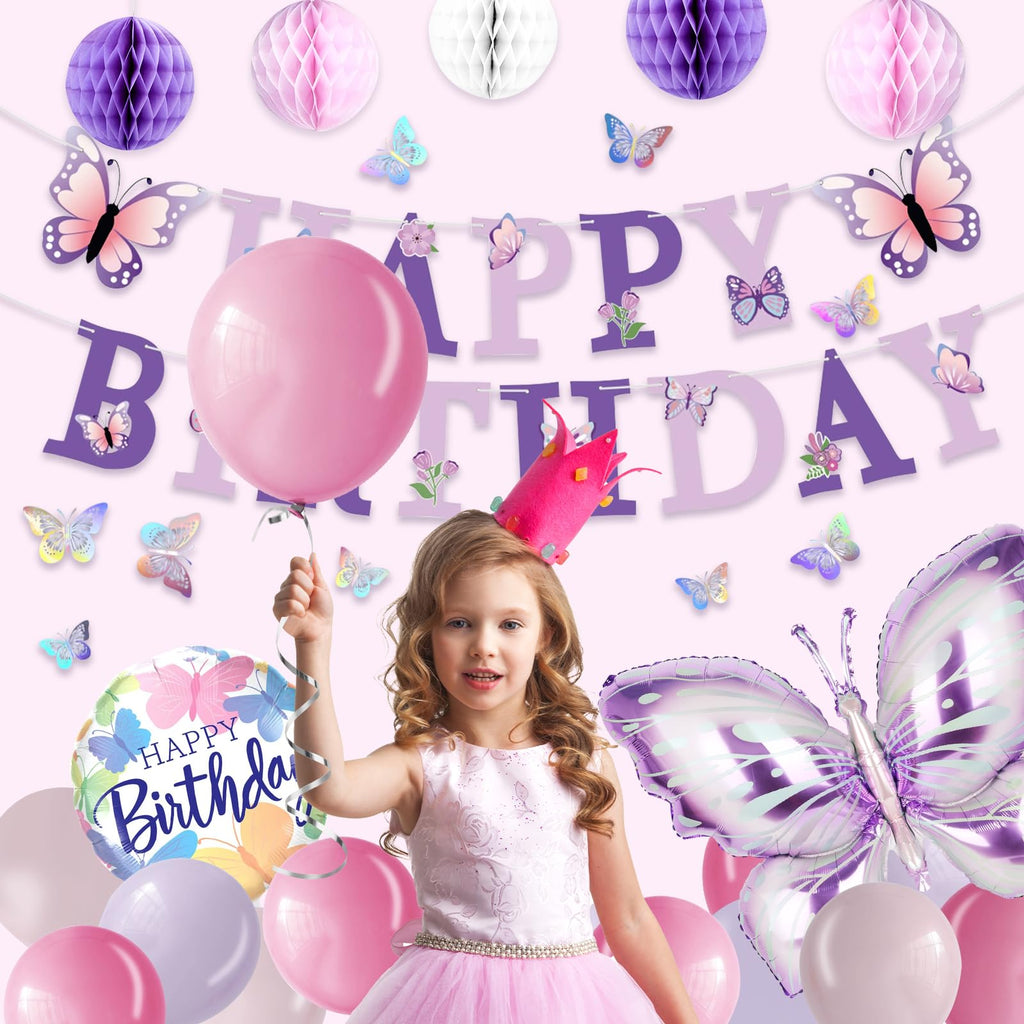Purple Butterfly Birthday Decorations - melody fantasy 3D Butterflies, Honeycomb Balls & Balloons Kit