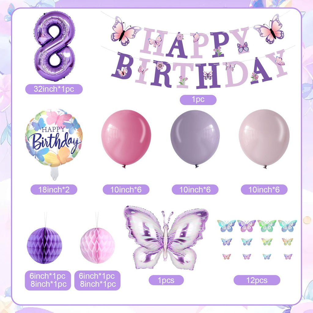 melody fantasy Purple Butterfly Birthday Decorations for 8th Birthday Girls | 3D Butterflies & Foil Balloons