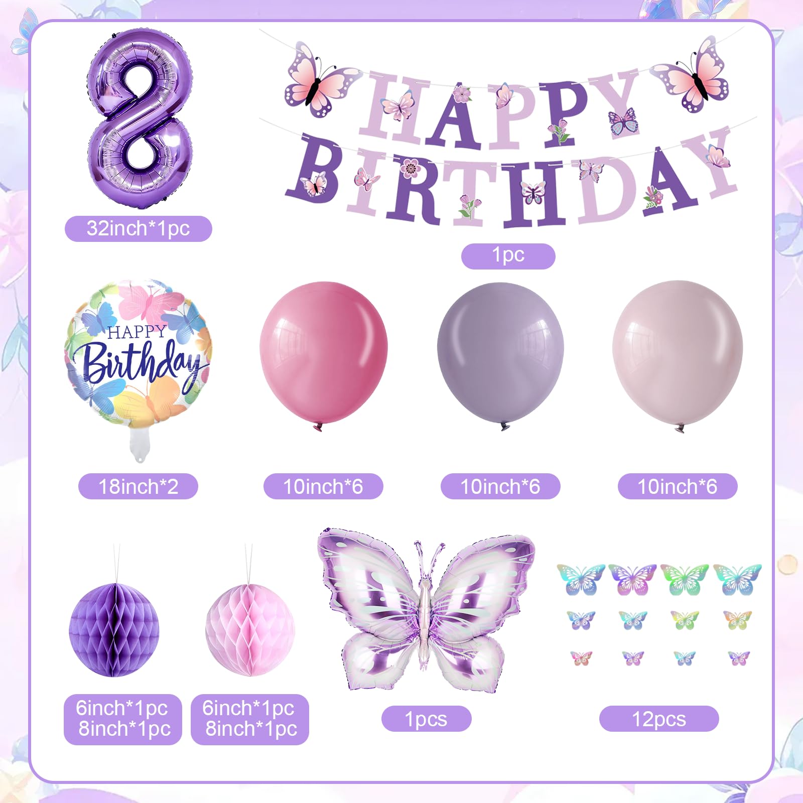 melody fantasy Purple Butterfly Birthday Decorations for 8th Birthday Girls | 3D Butterflies & Foil Balloons