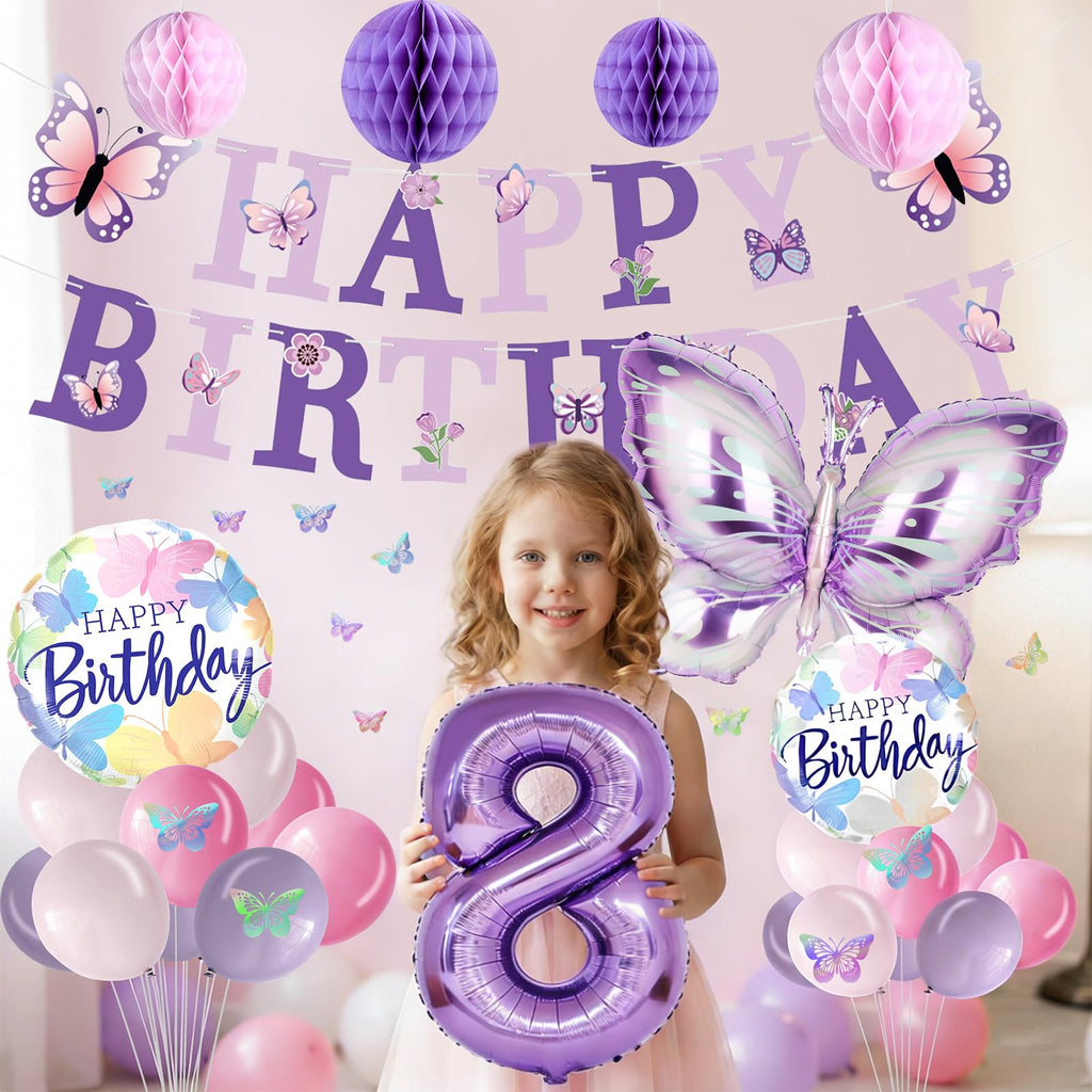 melody fantasy Purple Butterfly Birthday Decorations for 8th Birthday Girls | 3D Butterflies & Foil Balloons