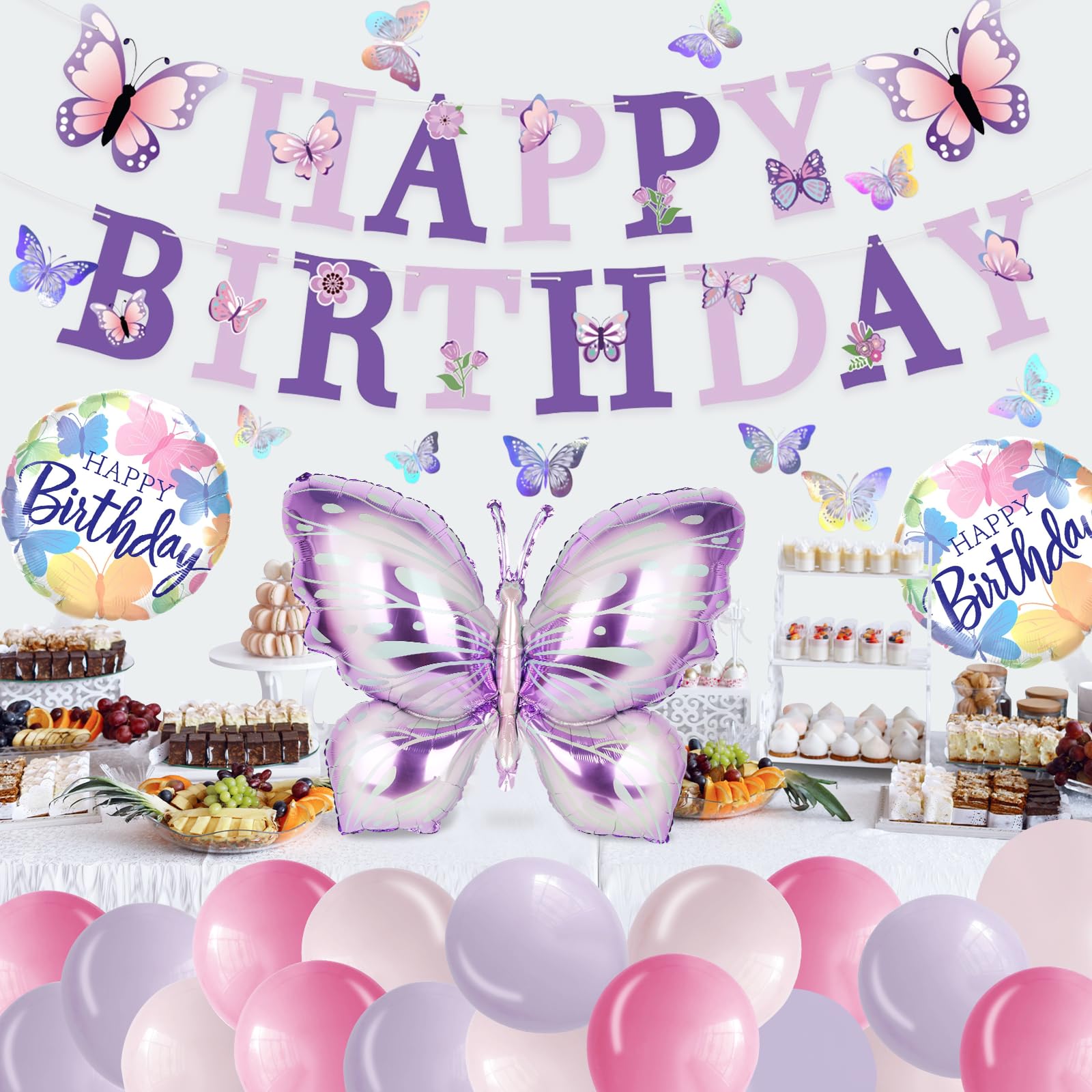 Purple Butterfly Birthday Decorations - melody fantasy 3D Butterflies, Honeycomb Balls & Balloons Kit