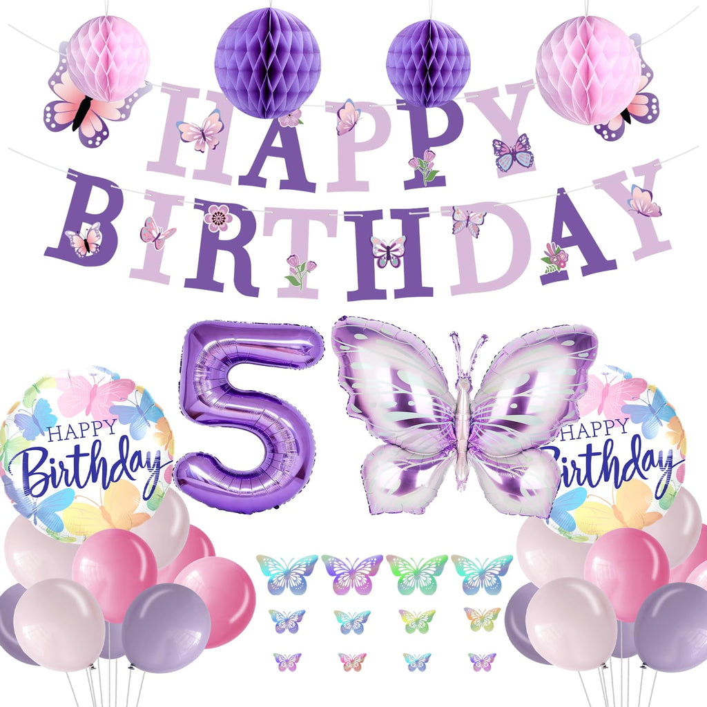 Melody Fantasy Purple Butterfly Birthday Decorations for 5th Birthday Girls - Balloons, Honeycomb Balls & 3D Butterflies