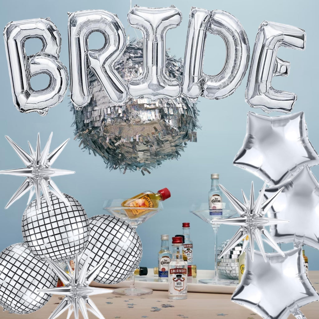 Melody Fantasy Bride Balloons Kit – Silver Giant 32in BRIDE Letters + Silver Balloons
