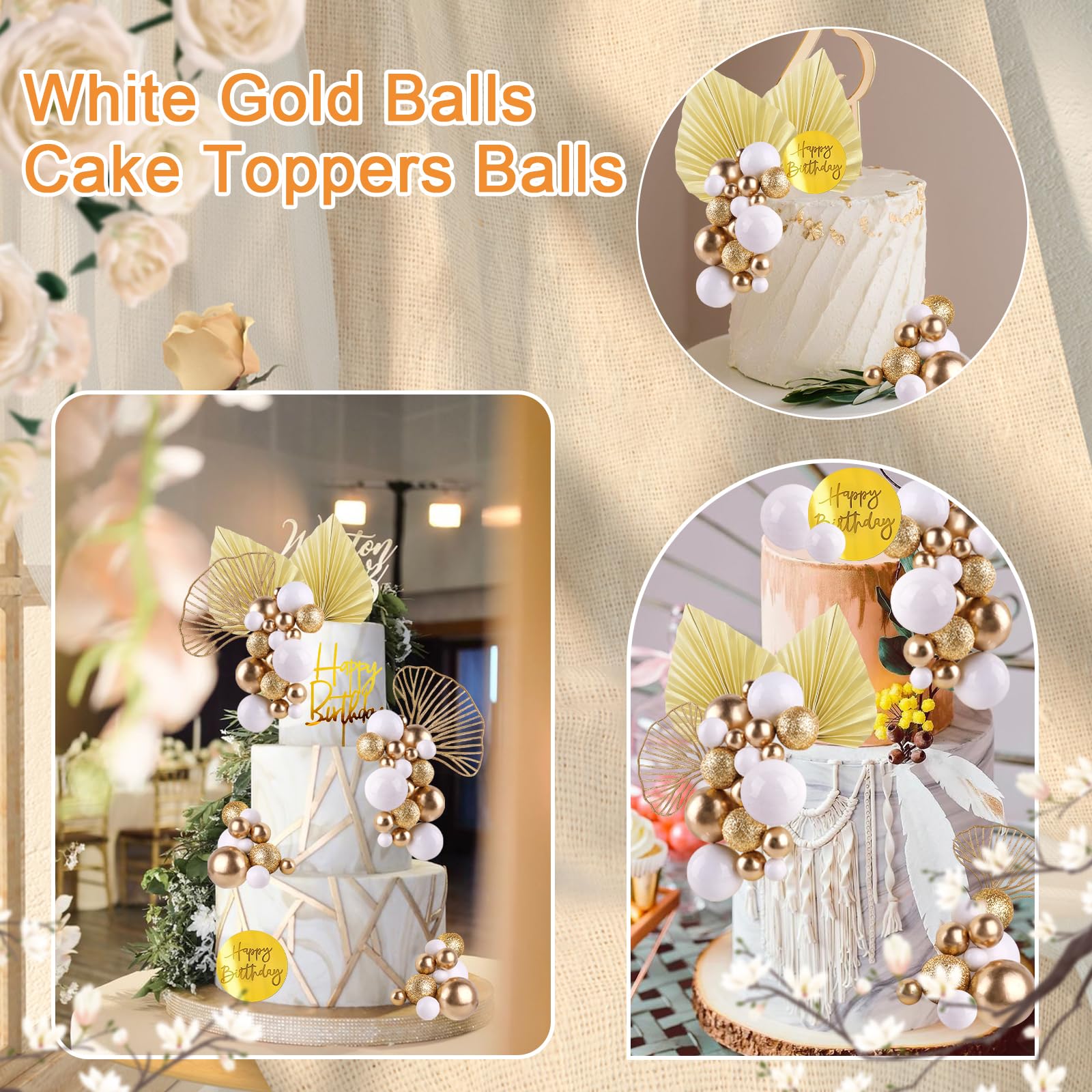 MEMOVAN White Gold Balls Cake Toppers – Champagne Rose & Gold Palm Leaves for Boho Birthday, Wedding & Baby Shower
