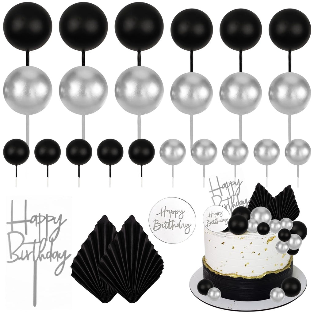 MEMOVAN 26pcs Black Boho Cake Topper Set – Palm Leaves & Silver Balls for Birthday, Wedding & Baby Shower