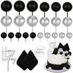 MEMOVAN 26pcs Black Boho Cake Topper Set – Palm Leaves & Silver Balls for Birthday, Wedding & Baby Shower
