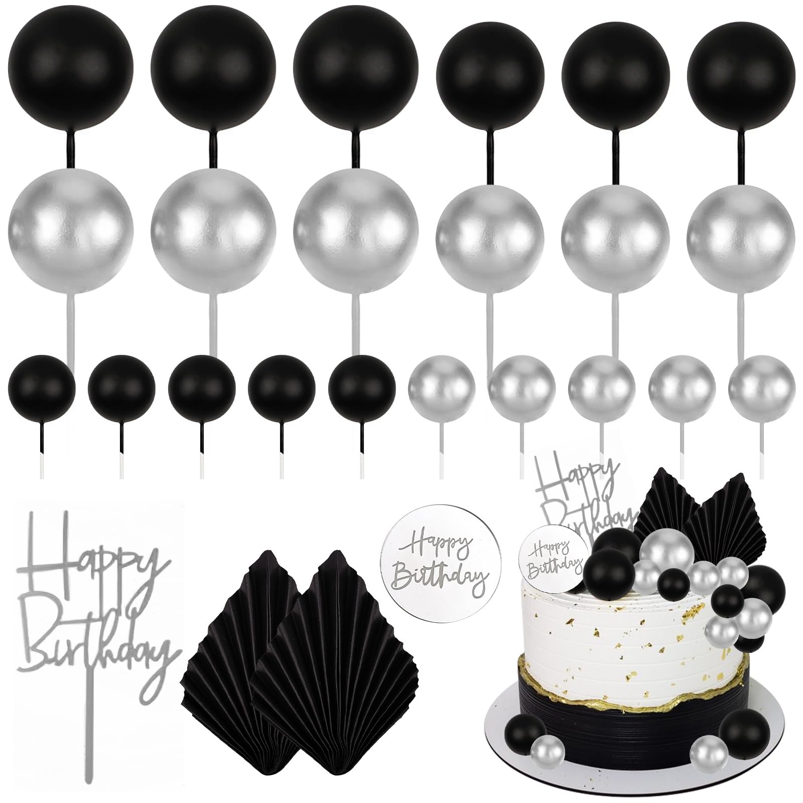 MEMOVAN 26pcs Black Boho Cake Topper Set – Palm Leaves & Silver Balls for Birthday, Wedding & Baby Shower