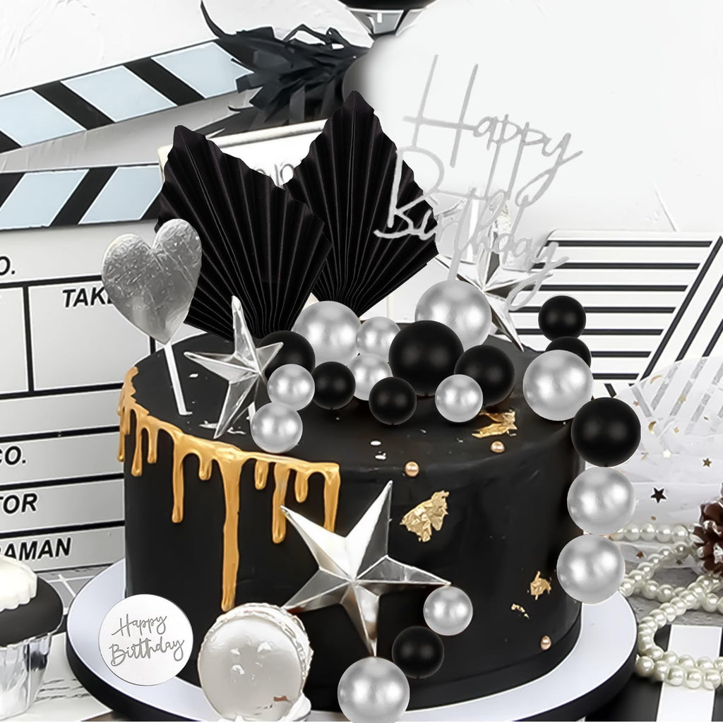 MEMOVAN 26pcs Black Boho Cake Topper Set – Palm Leaves & Silver Balls for Birthday, Wedding & Baby Shower