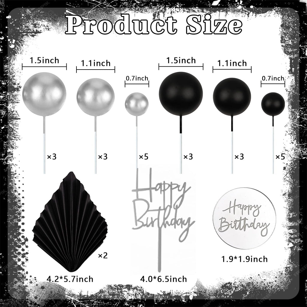 MEMOVAN 26pcs Black Boho Cake Topper Set – Palm Leaves & Silver Balls for Birthday, Wedding & Baby Shower