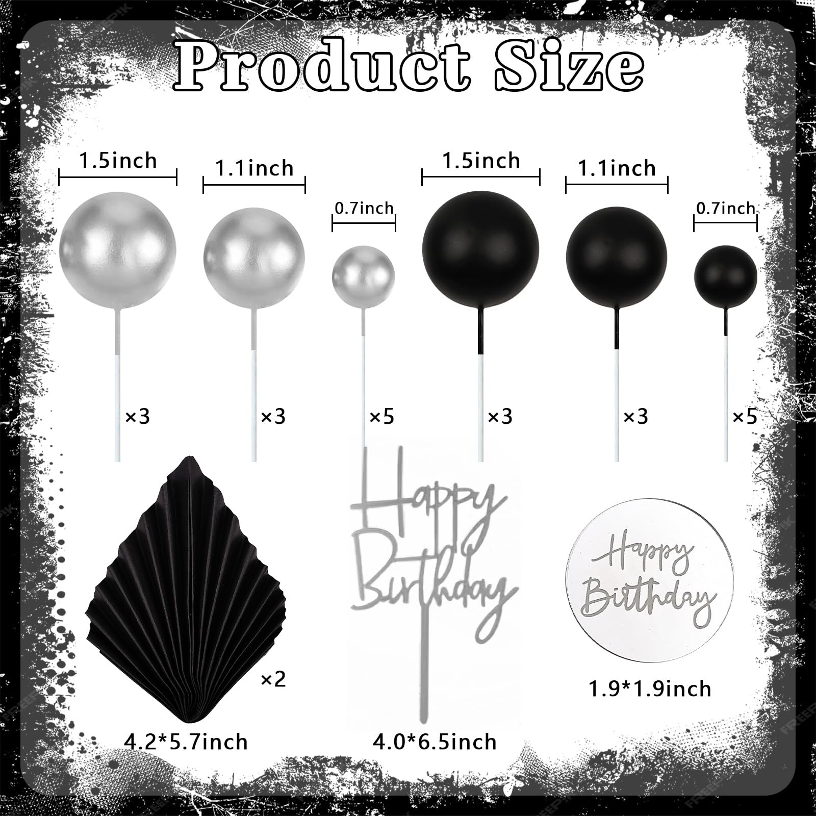 MEMOVAN 26pcs Black Boho Cake Topper Set – Palm Leaves & Silver Balls for Birthday, Wedding & Baby Shower
