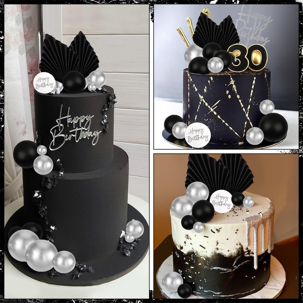 MEMOVAN 26pcs Black Boho Cake Topper Set – Palm Leaves & Silver Balls for Birthday, Wedding & Baby Shower