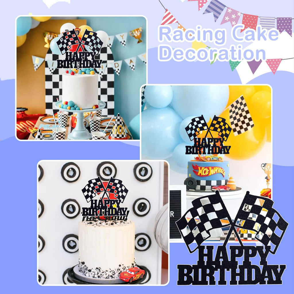MEMOVAN Racing Car Cake Topper – Checkered Flag Birthday Decor for Boys & Girls