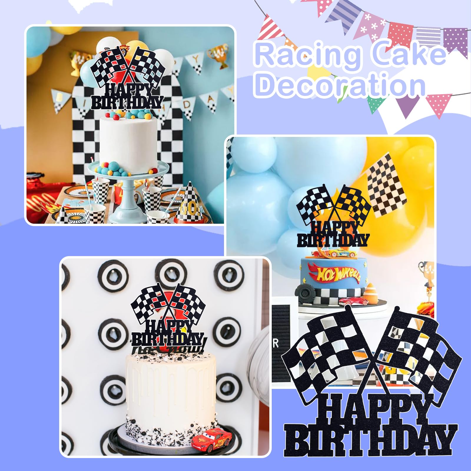 MEMOVAN Racing Car Cake Topper – Checkered Flag Birthday Decor for Boys & Girls