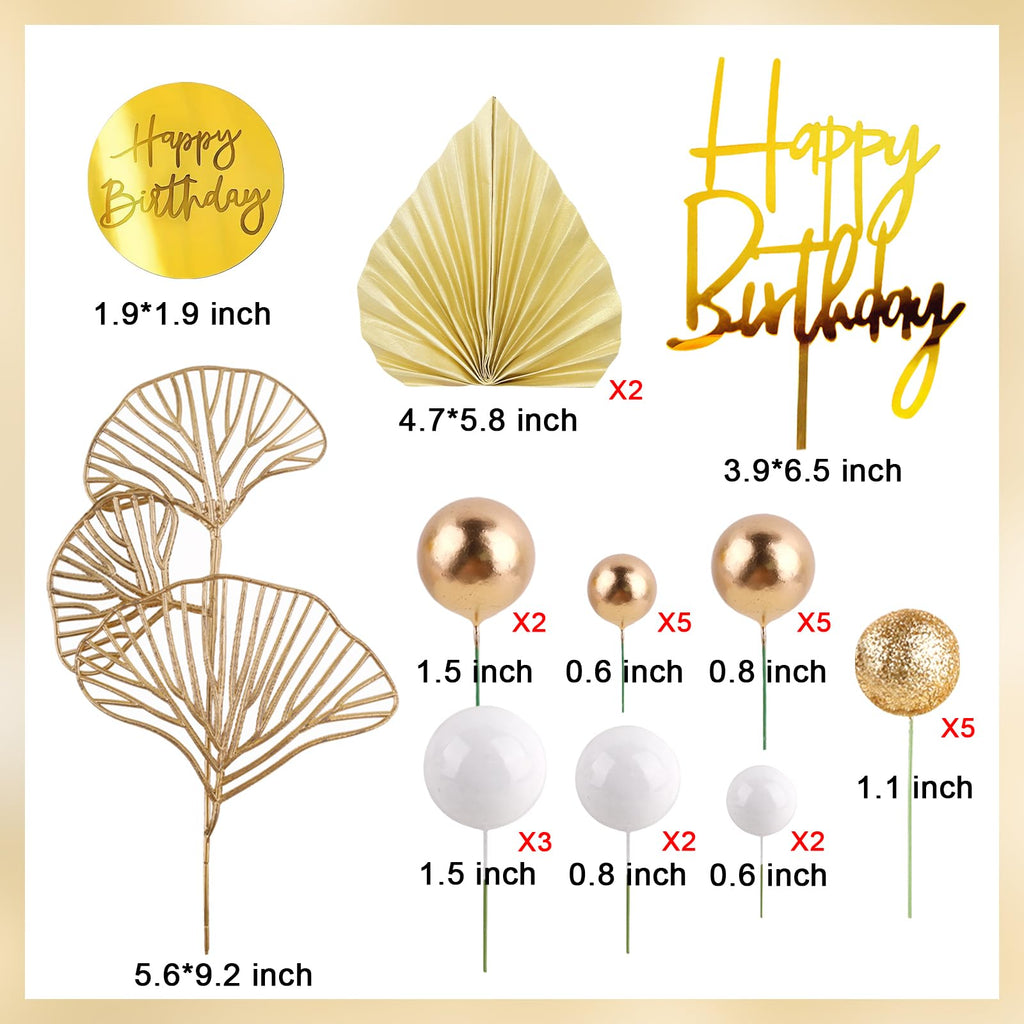 MEMOVAN White Gold Balls Cake Toppers – Champagne Rose & Gold Palm Leaves for Boho Birthday, Wedding & Baby Shower