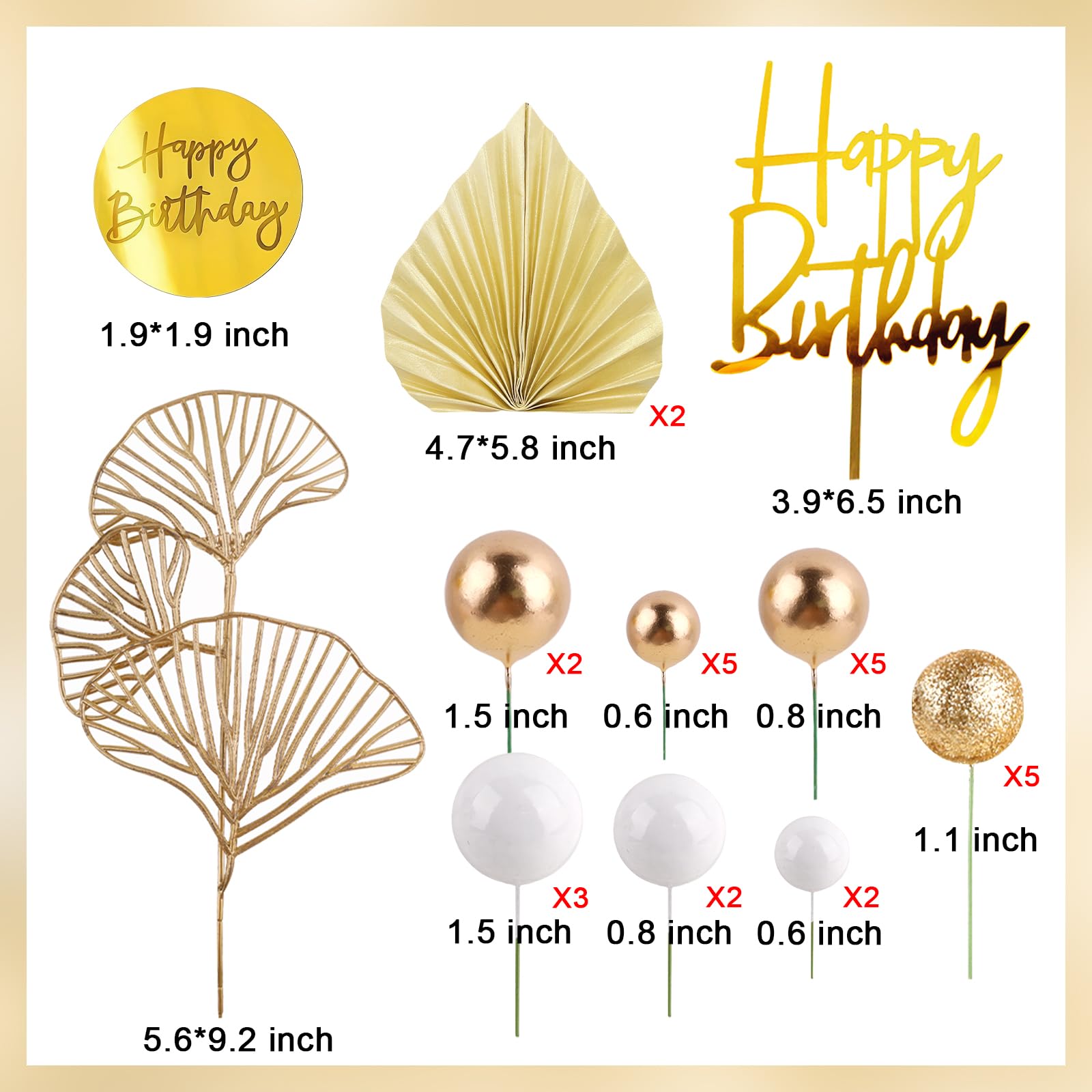 MEMOVAN White Gold Balls Cake Toppers – Champagne Rose & Gold Palm Leaves for Boho Birthday, Wedding & Baby Shower