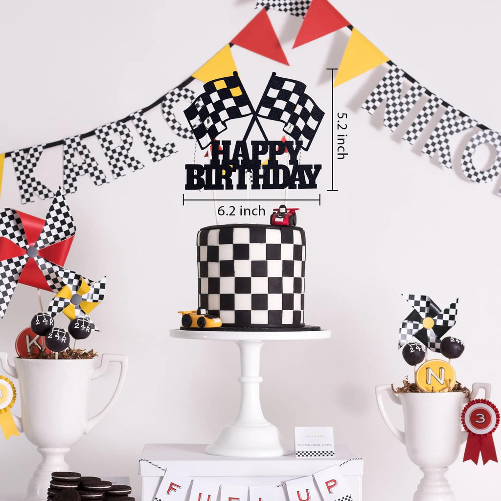 MEMOVAN Racing Car Cake Topper – Checkered Flag Birthday Decor for Boys & Girls