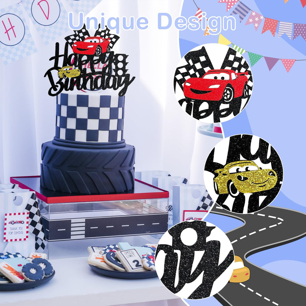 MEMOVAN Race Car Birthday Cake Topper - Double-Sided Checkered Flag Party Decor
