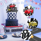 MEMOVAN Race Car Birthday Cake Topper - Double-Sided Checkered Flag Party Decor