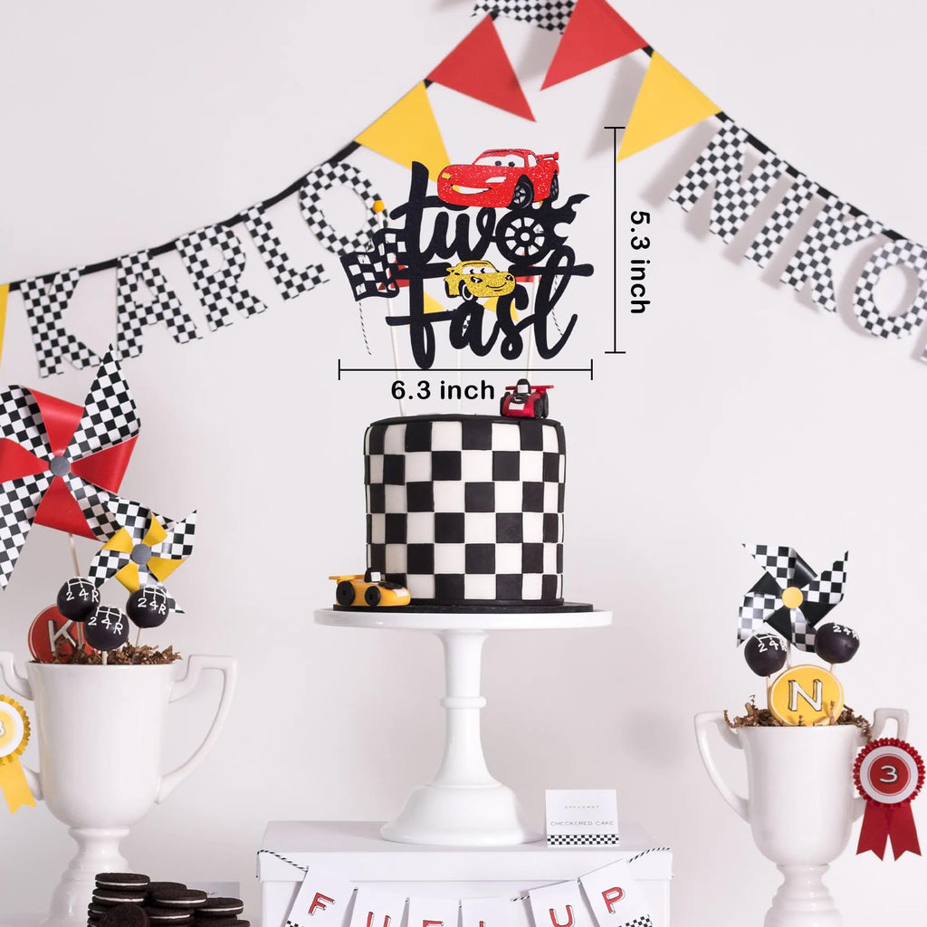 MEMOVAN Two Fast Race Car Cake Topper – 2nd Birthday Party Decoration, Double-Sided