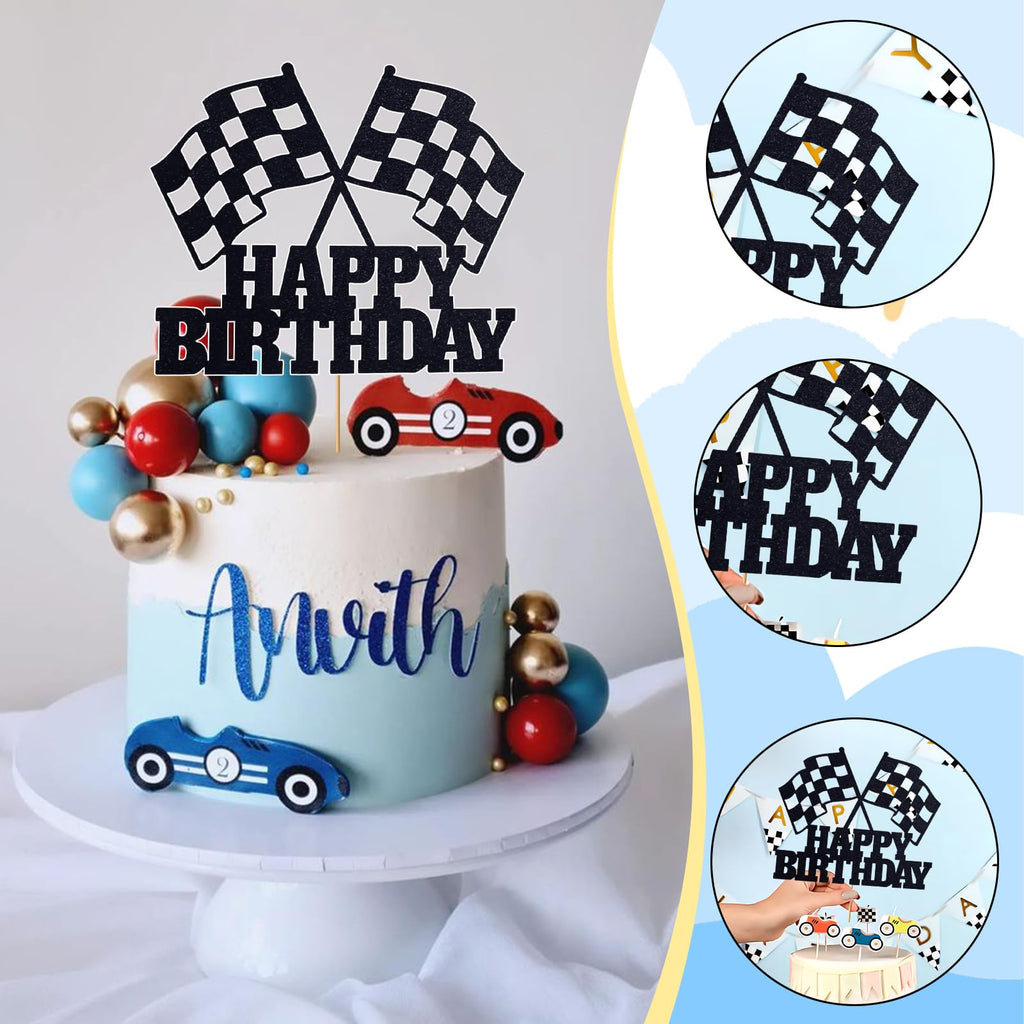 MEMOVAN Racing Car Cake Topper – Checkered Flag Birthday Decor for Boys & Girls