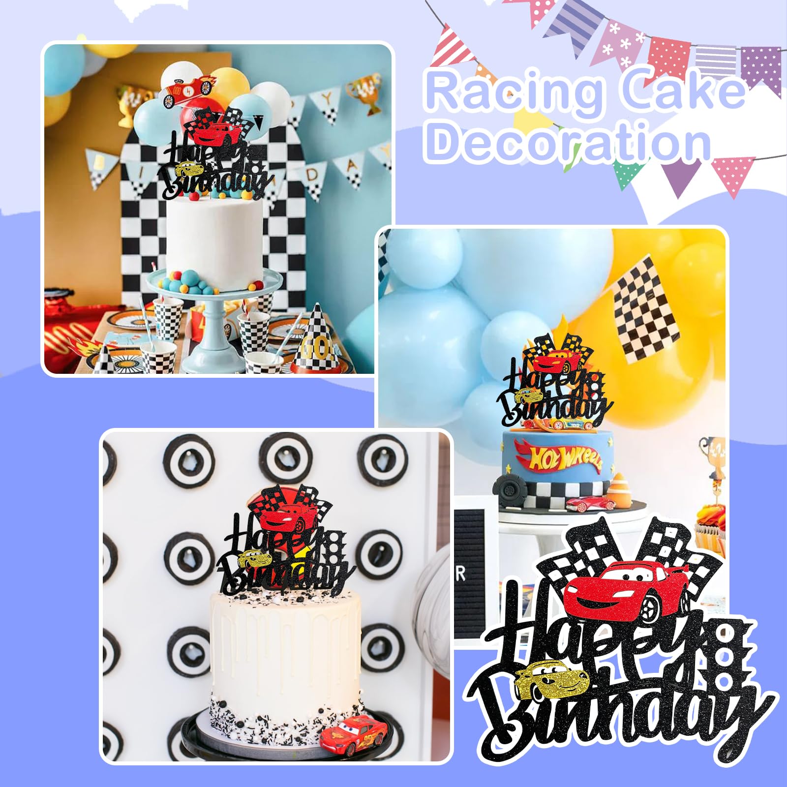 MEMOVAN Race Car Birthday Cake Topper - Double-Sided Checkered Flag Party Decor