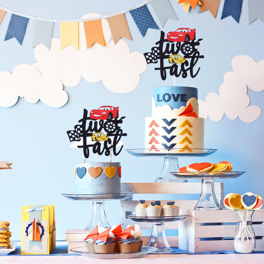 MEMOVAN Two Fast Race Car Cake Topper – 2nd Birthday Party Decoration, Double-Sided
