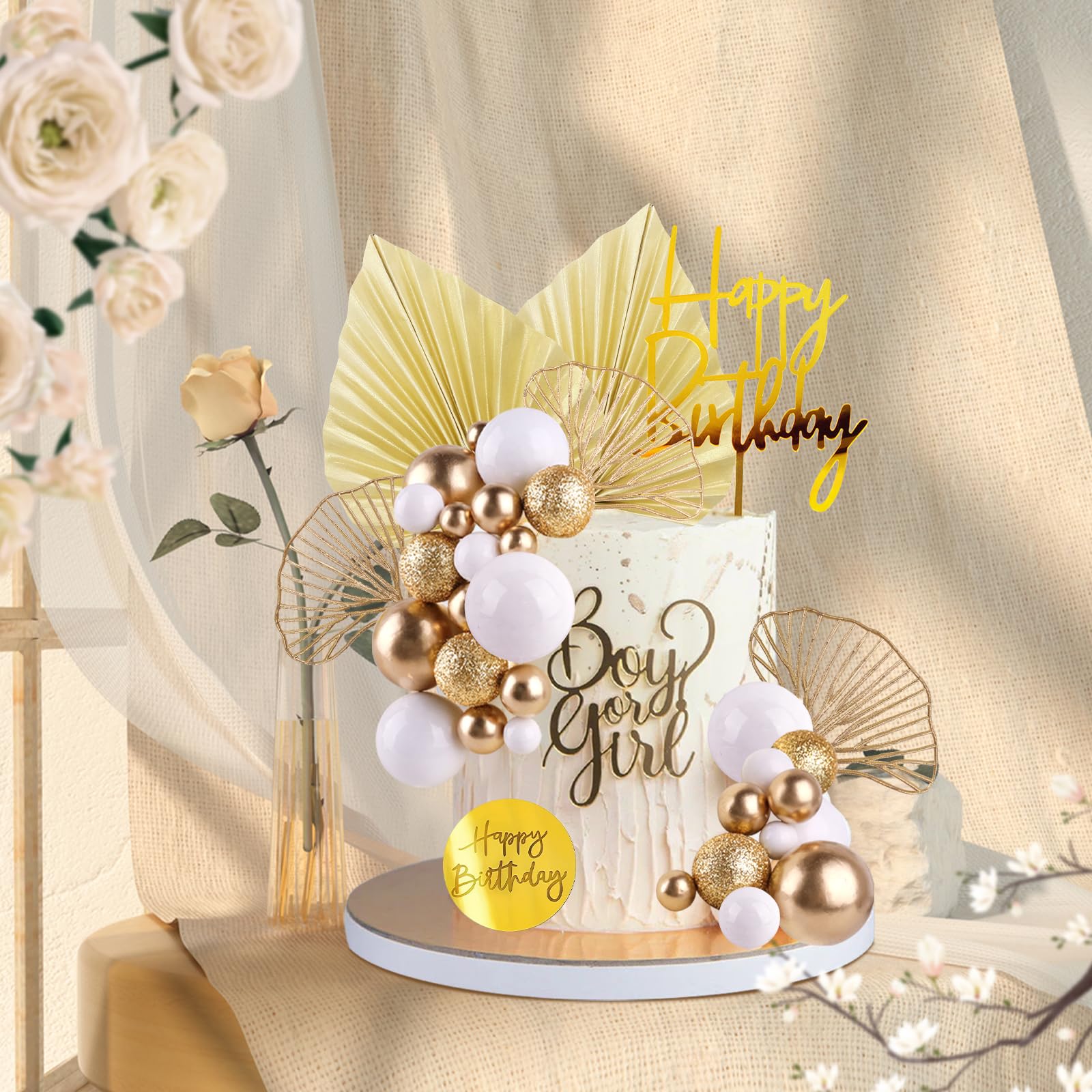 MEMOVAN White Gold Balls Cake Toppers – Champagne Rose & Gold Palm Leaves for Boho Birthday, Wedding & Baby Shower