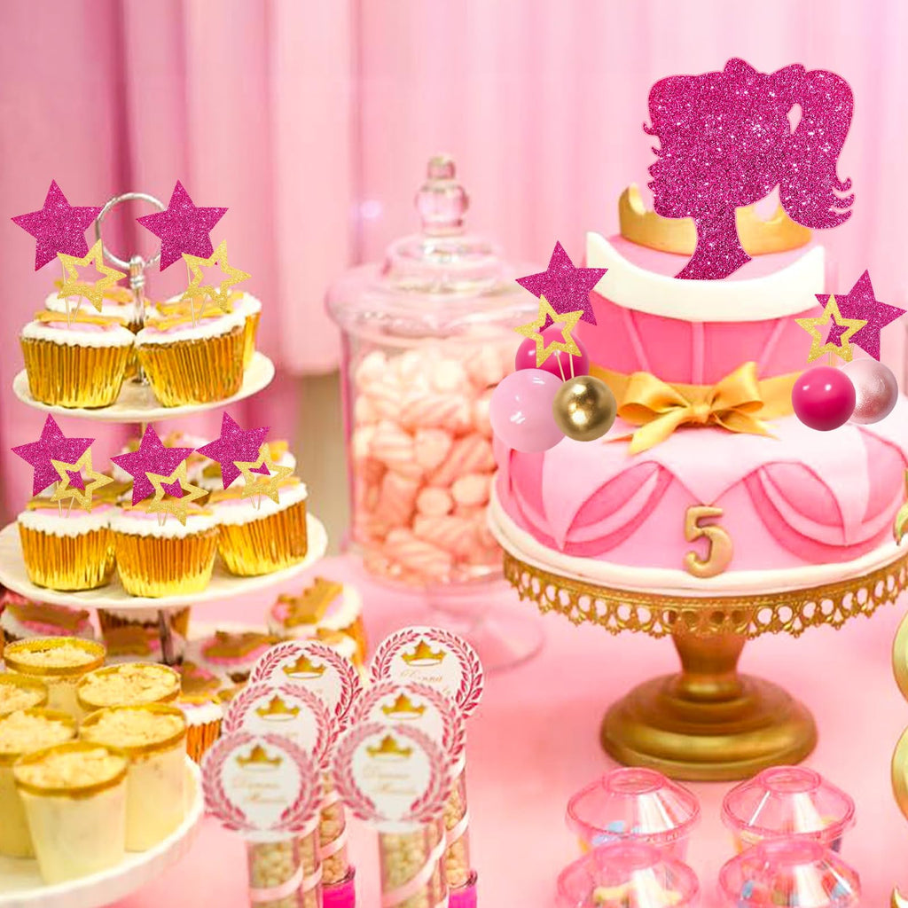 MEMOVAN Hot Pink Girl Cake Toppers – 36pc Boho Pink Princess Party Decorations