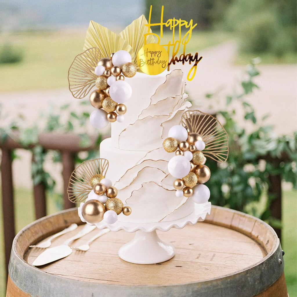 MEMOVAN White Gold Balls Cake Toppers – Champagne Rose & Gold Palm Leaves for Boho Birthday, Wedding & Baby Shower