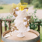 MEMOVAN White Gold Balls Cake Toppers – Champagne Rose & Gold Palm Leaves for Boho Birthday, Wedding & Baby Shower