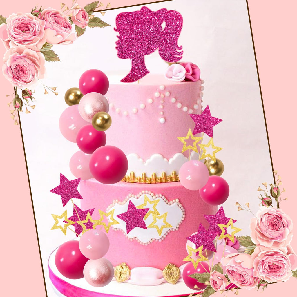 MEMOVAN Hot Pink Girl Cake Toppers – 36pc Boho Pink Princess Party Decorations