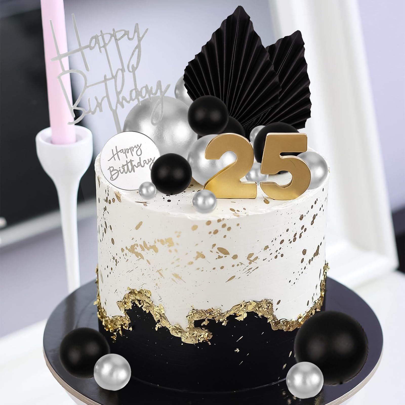 MEMOVAN 26pcs Black Boho Cake Topper Set – Palm Leaves & Silver Balls for Birthday, Wedding & Baby Shower