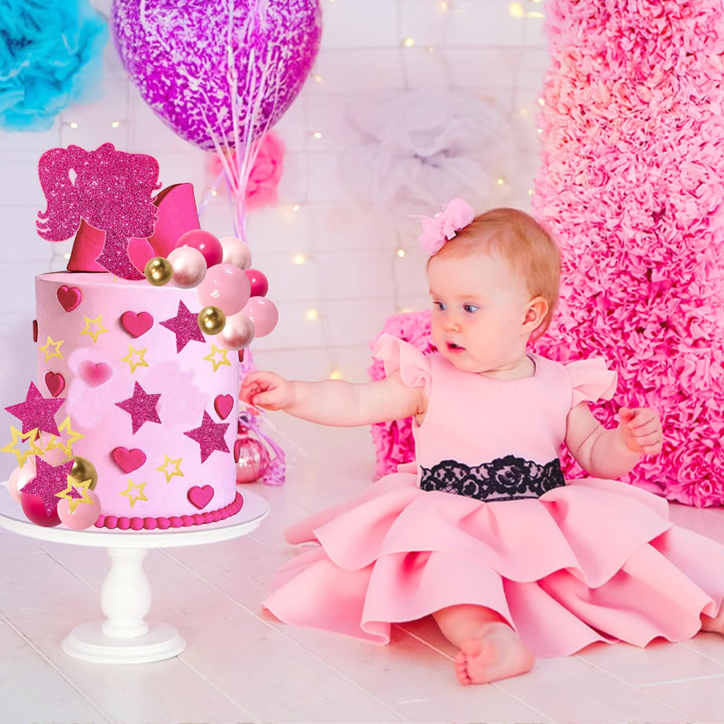 MEMOVAN Hot Pink Girl Cake Toppers – 36pc Boho Pink Princess Party Decorations