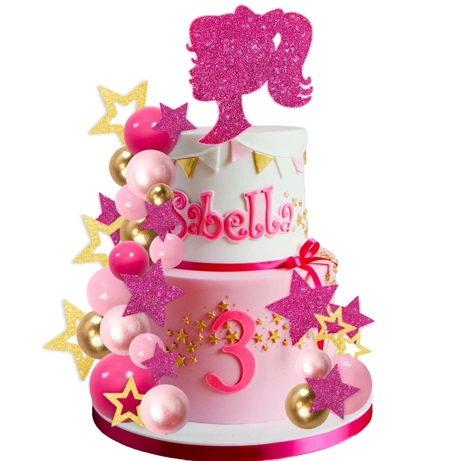 MEMOVAN Hot Pink Girl Cake Toppers – 36pc Boho Pink Princess Party Decorations