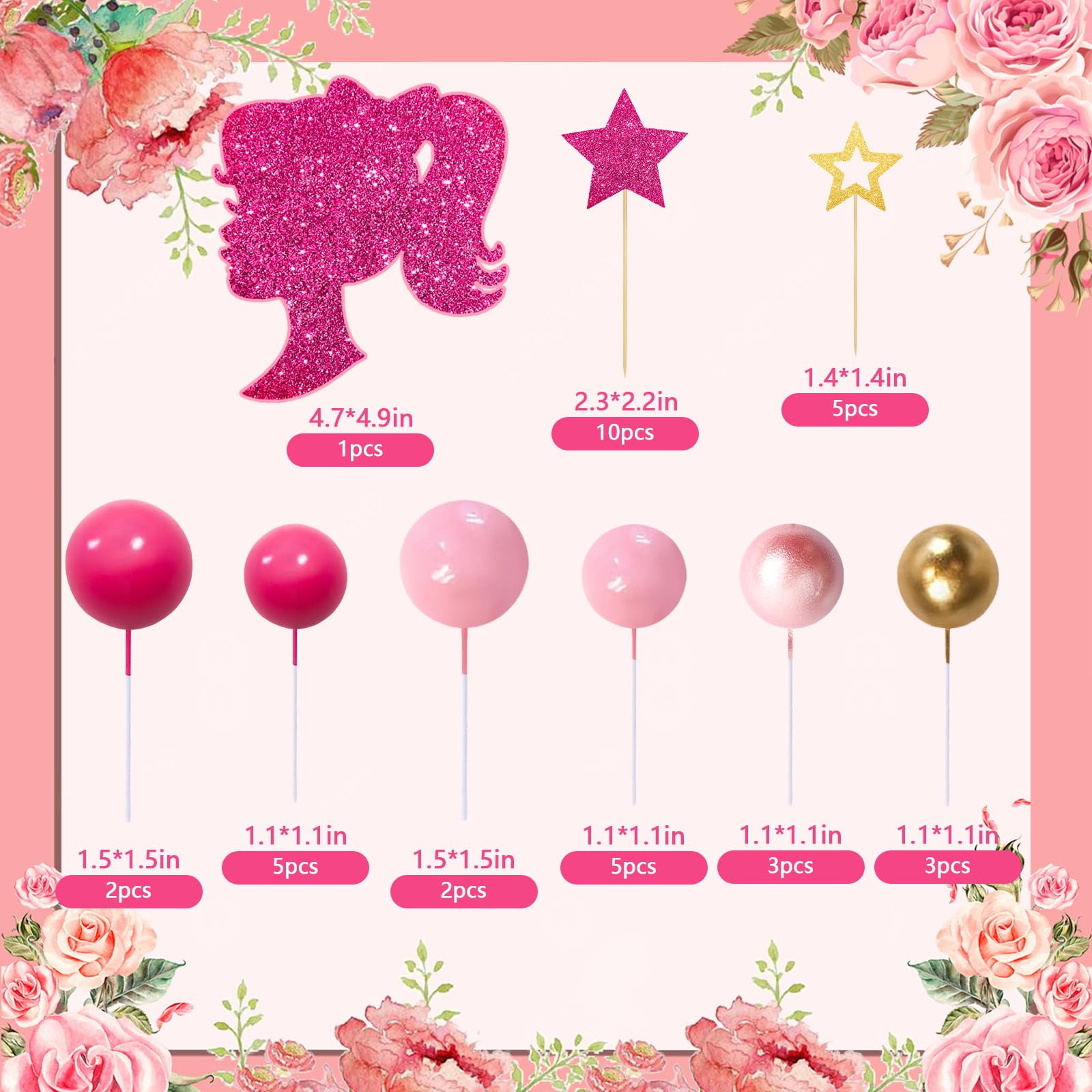 MEMOVAN Hot Pink Girl Cake Toppers – 36pc Boho Pink Princess Party Decorations