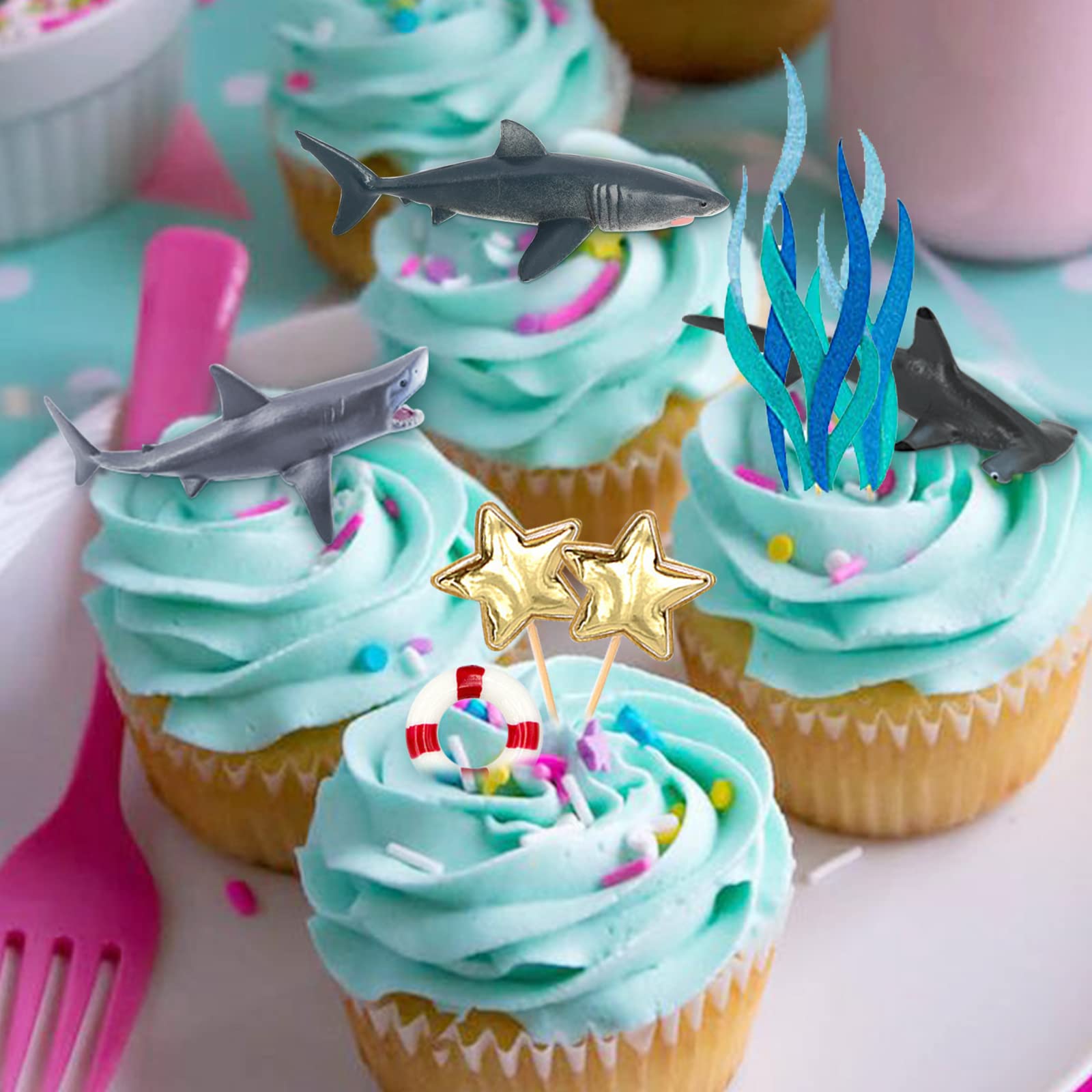 MEMOVAN Shark Cake Toppers – 9pc Ocean Theme Cake Decoration Set