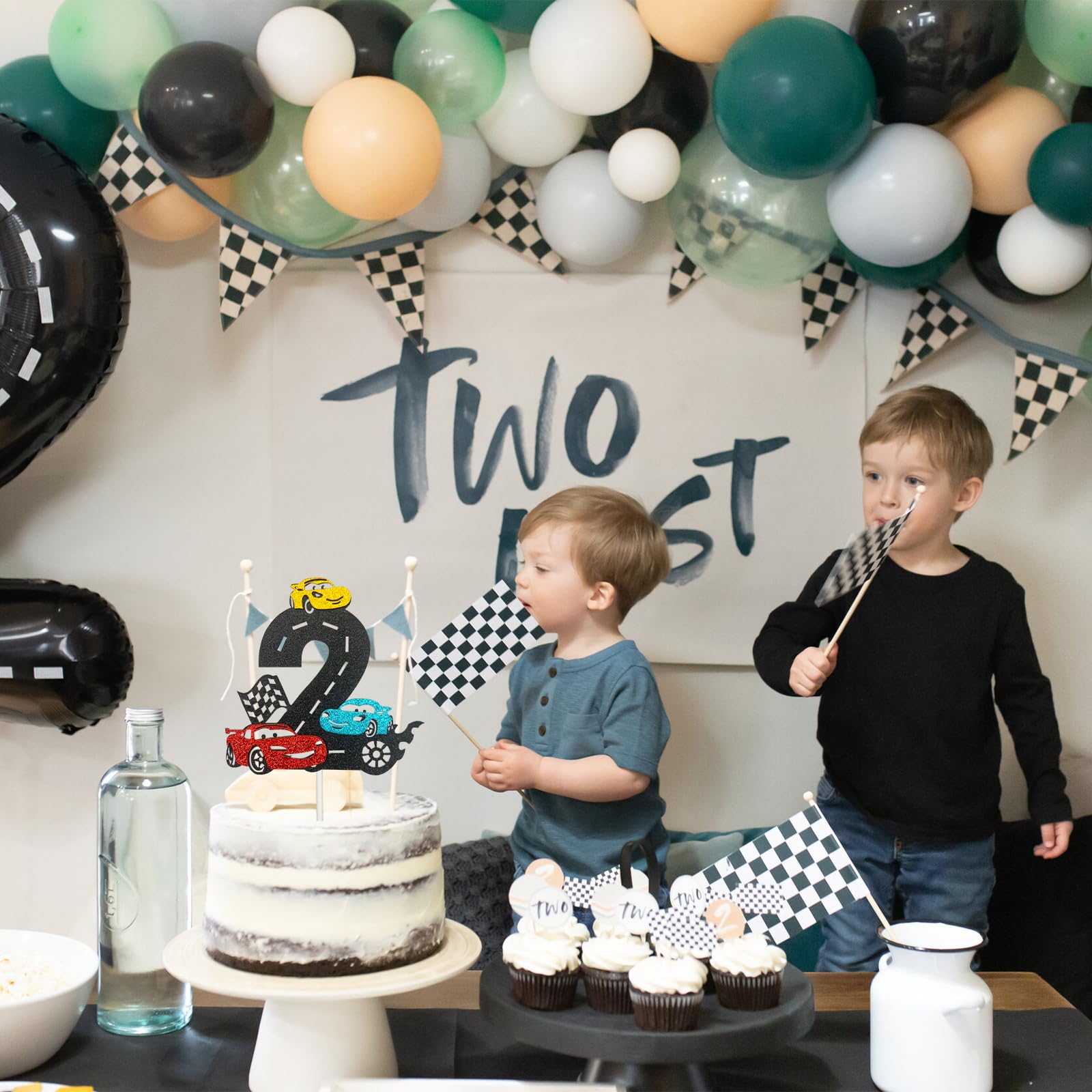 MEMOVAN Race Car 2nd Birthday Cake Topper | Checkered Flag Theme, Double-Sided