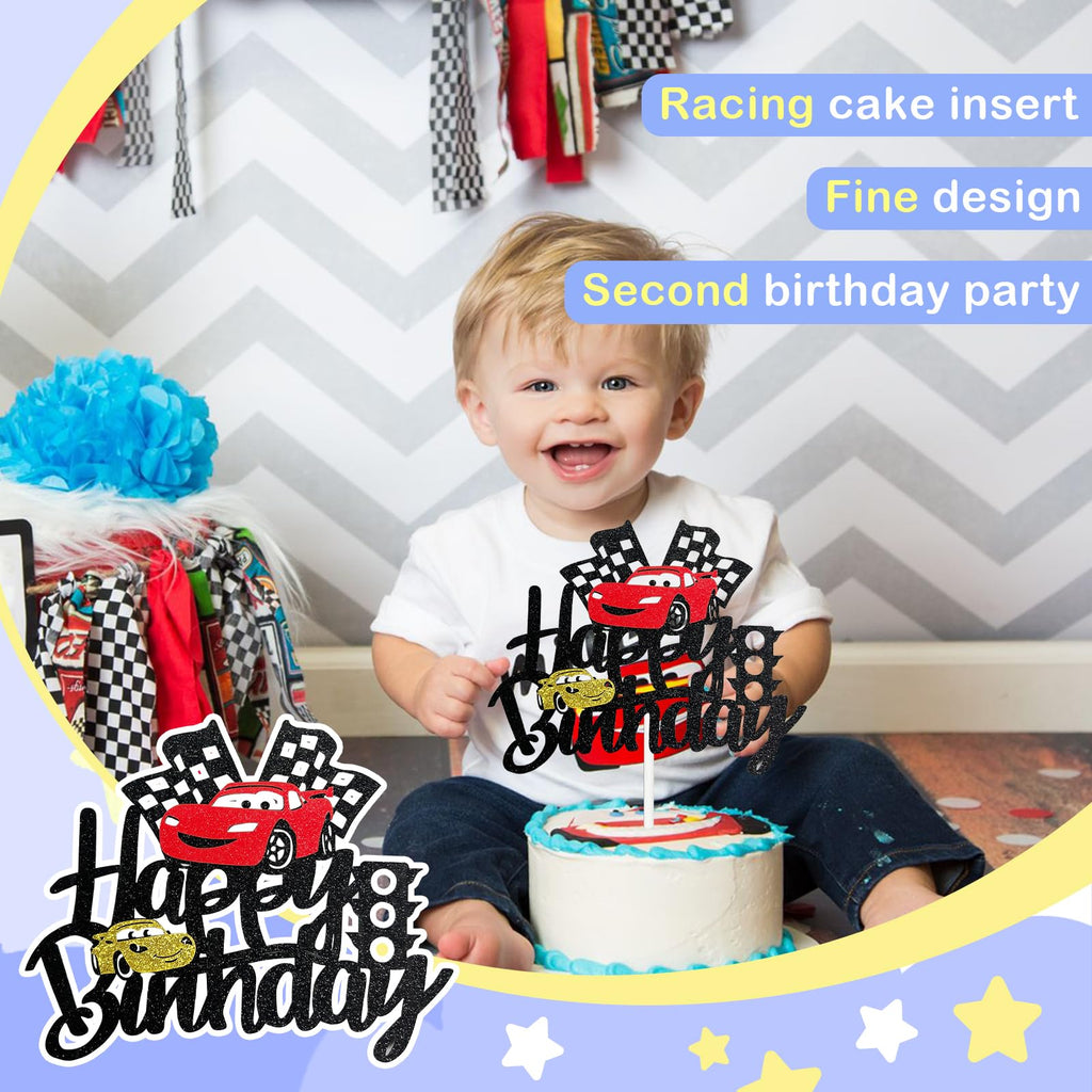 MEMOVAN Race Car Birthday Cake Topper - Double-Sided Checkered Flag Party Decor