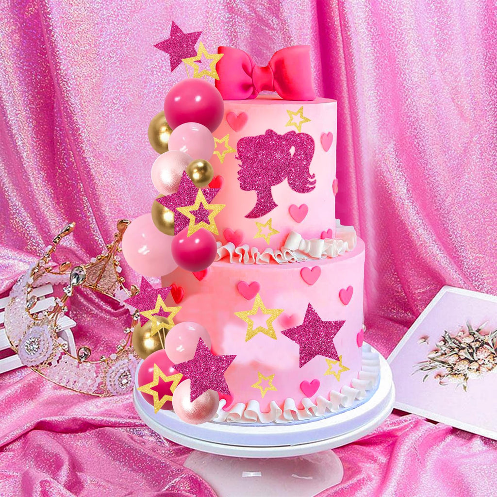 MEMOVAN Hot Pink Girl Cake Toppers – 36pc Boho Pink Princess Party Decorations