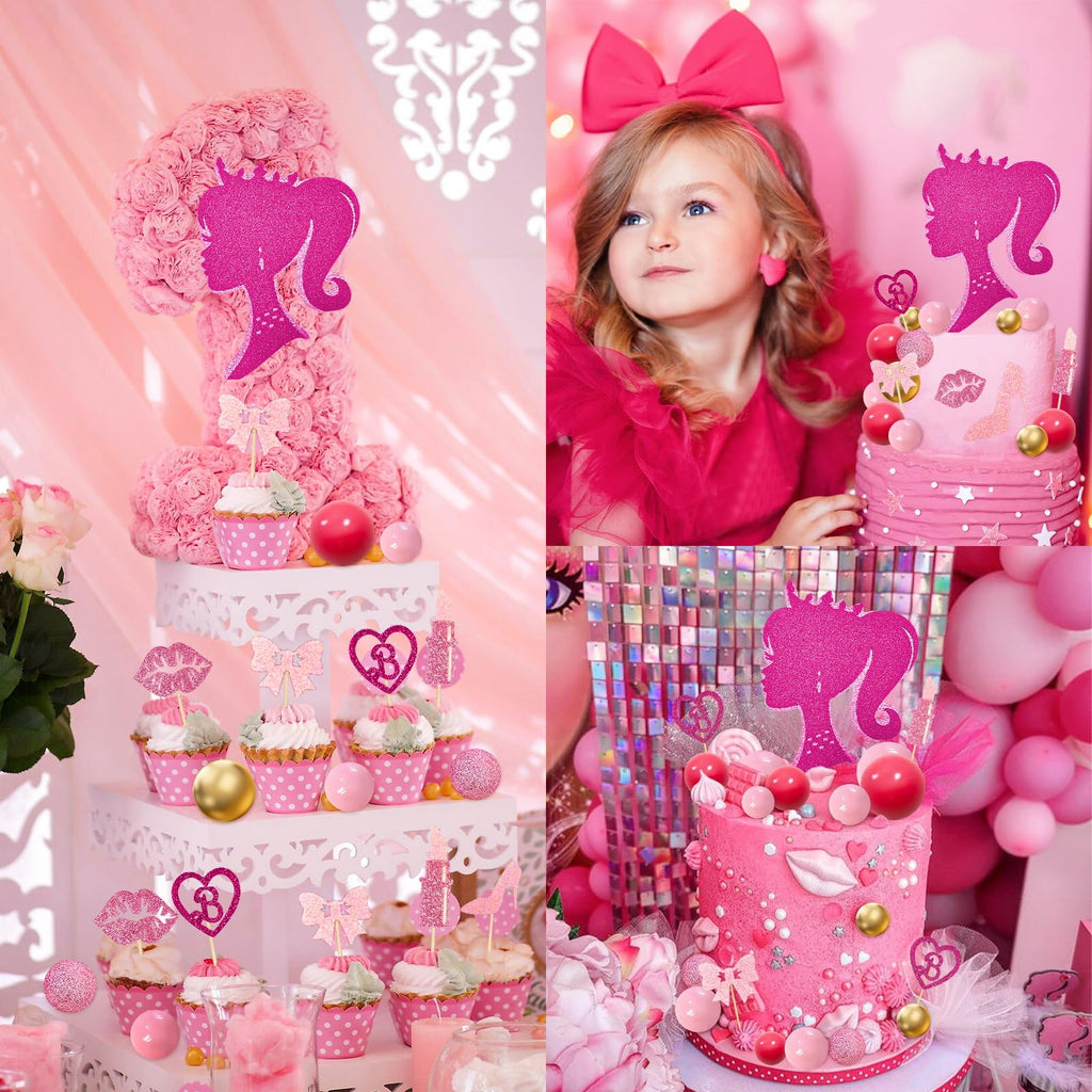 MEMOVAN Hot Pink Girl Cake Topper 31PCS – Princess Theme Cake Decoration Set