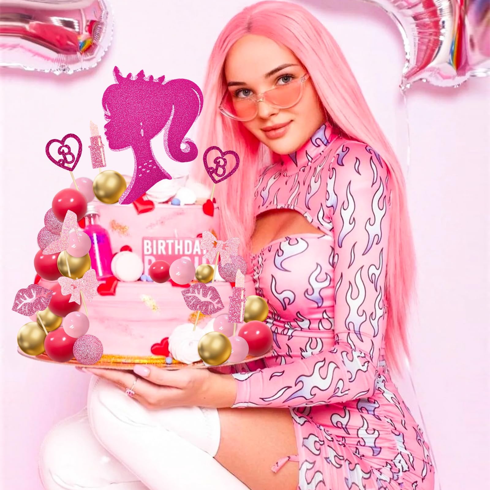 MEMOVAN Hot Pink Girl Cake Topper 31PCS – Princess Theme Cake Decoration Set