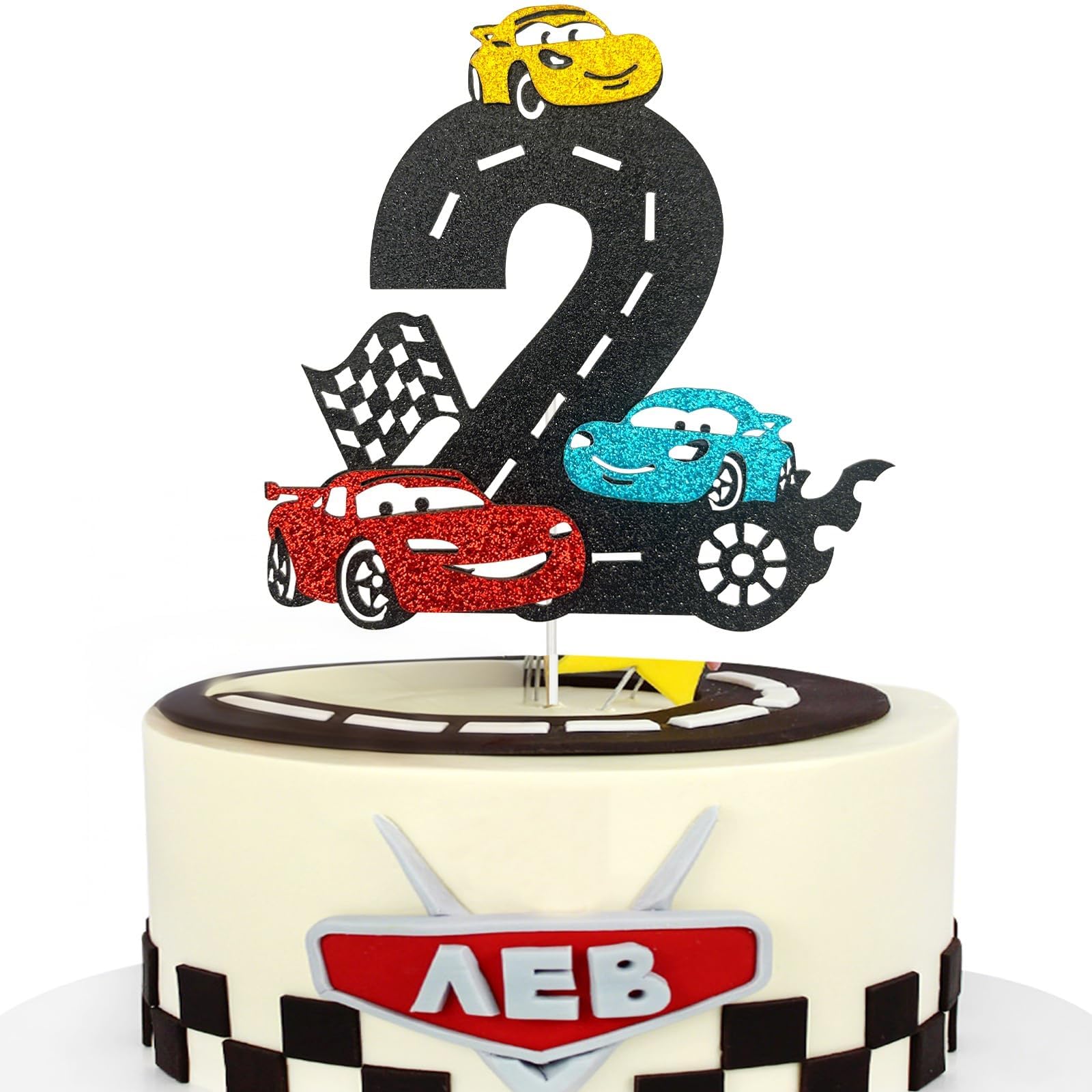 MEMOVAN Race Car 2nd Birthday Cake Topper | Checkered Flag Theme, Double-Sided
