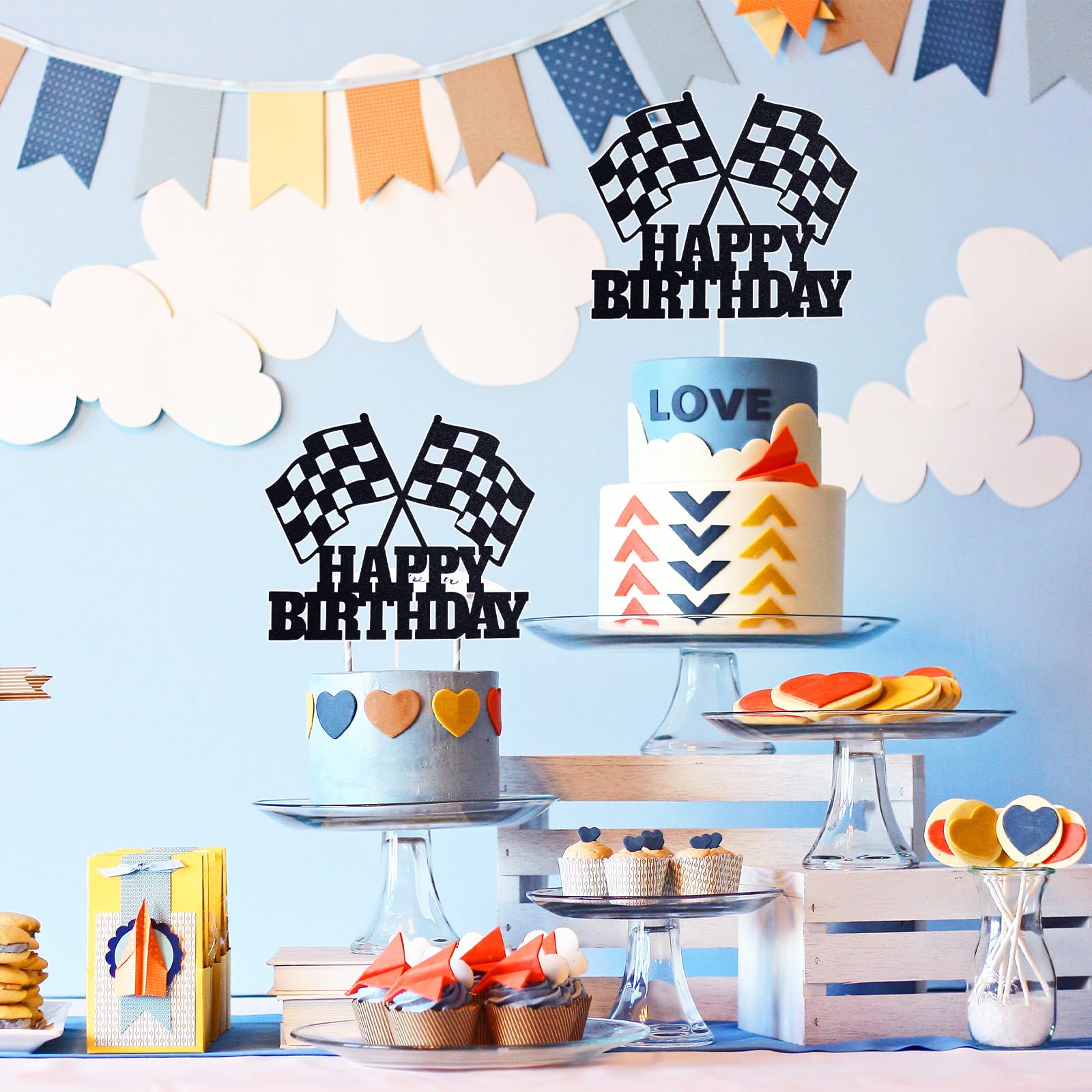 MEMOVAN Racing Car Cake Topper – Checkered Flag Birthday Decor for Boys & Girls