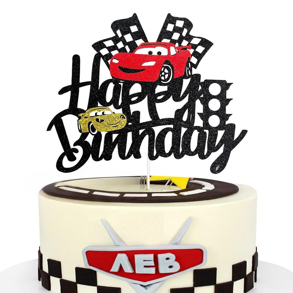 MEMOVAN Race Car Birthday Cake Topper - Double-Sided Checkered Flag Party Decor