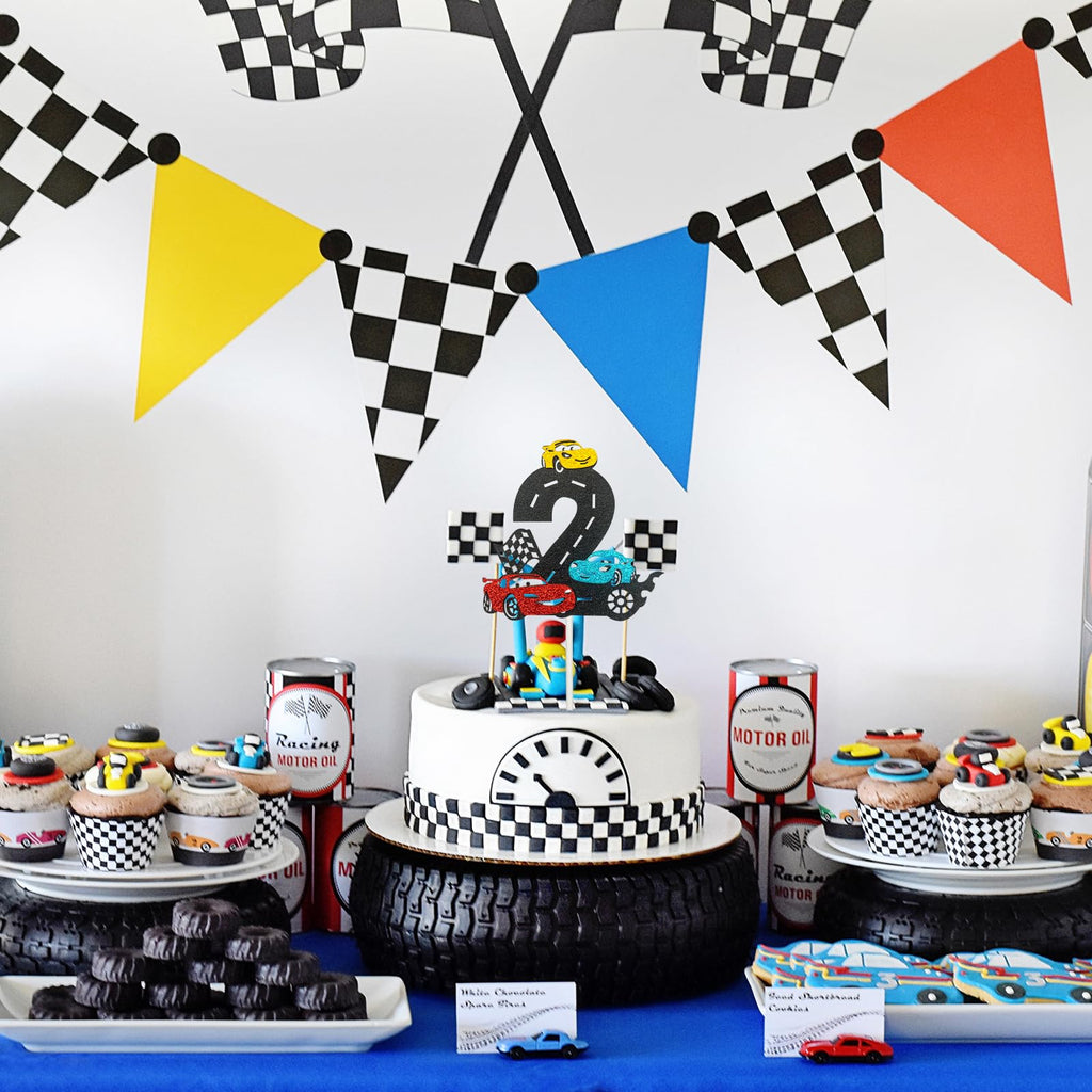 MEMOVAN Race Car 2nd Birthday Cake Topper | Checkered Flag Theme, Double-Sided