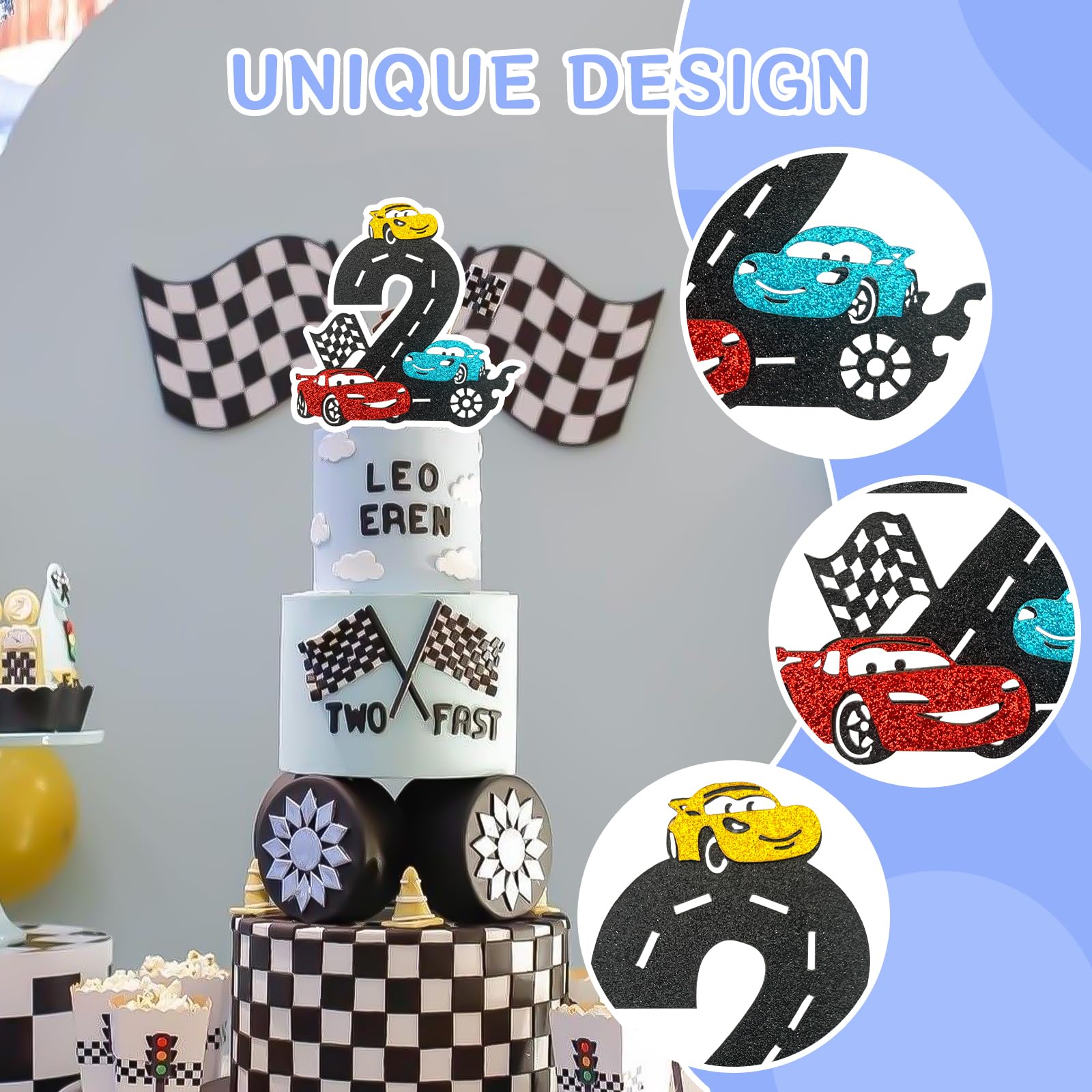 MEMOVAN Race Car 2nd Birthday Cake Topper | Checkered Flag Theme, Double-Sided