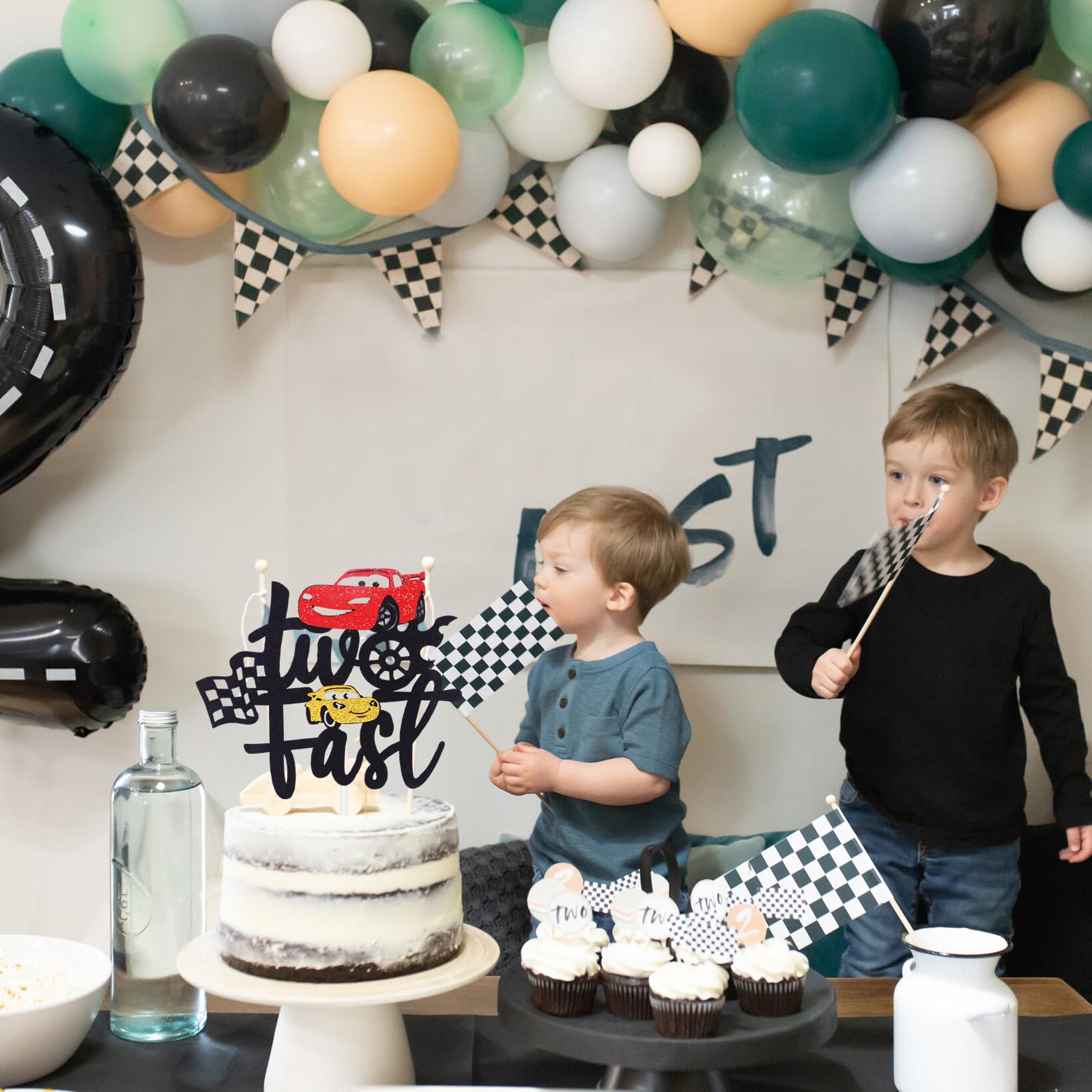 MEMOVAN Two Fast Race Car Cake Topper – 2nd Birthday Party Decoration, Double-Sided